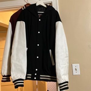 Black and white Stewart and Strauss Varsity jacket